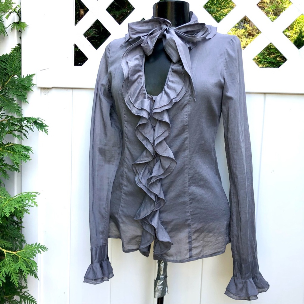 United Colors Of Benetton Gray Ruffles Tie-Neck Blouse